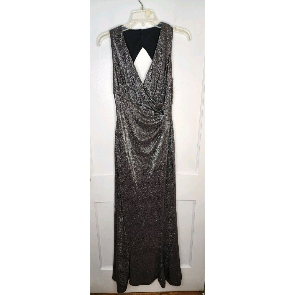 LRL RALPH LAUREN Evening Dress 8P Metallic Gunmetal Gown Crush Open Back Formal